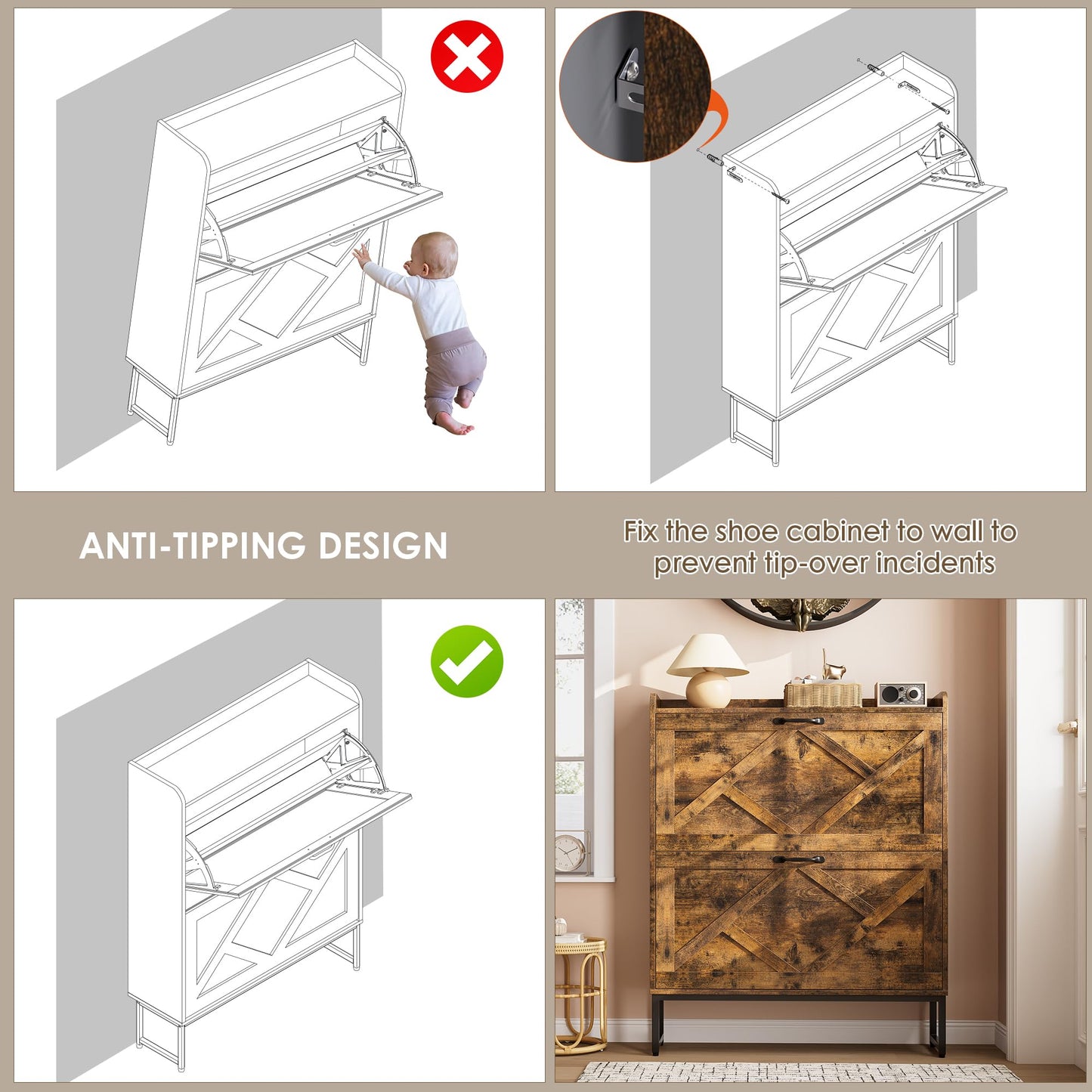 Shoe Cabinet with 2 Flip Drawers and Metal Legs – Narrow Rustic Brown
