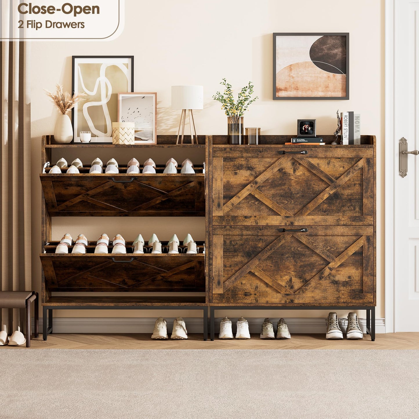 Shoe Cabinet with 2 Flip Drawers and Metal Legs – Narrow Rustic Brown