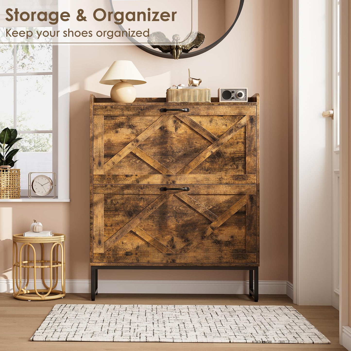 Shoe Cabinet with 2 Flip Drawers and Metal Legs – Narrow Rustic Brown
