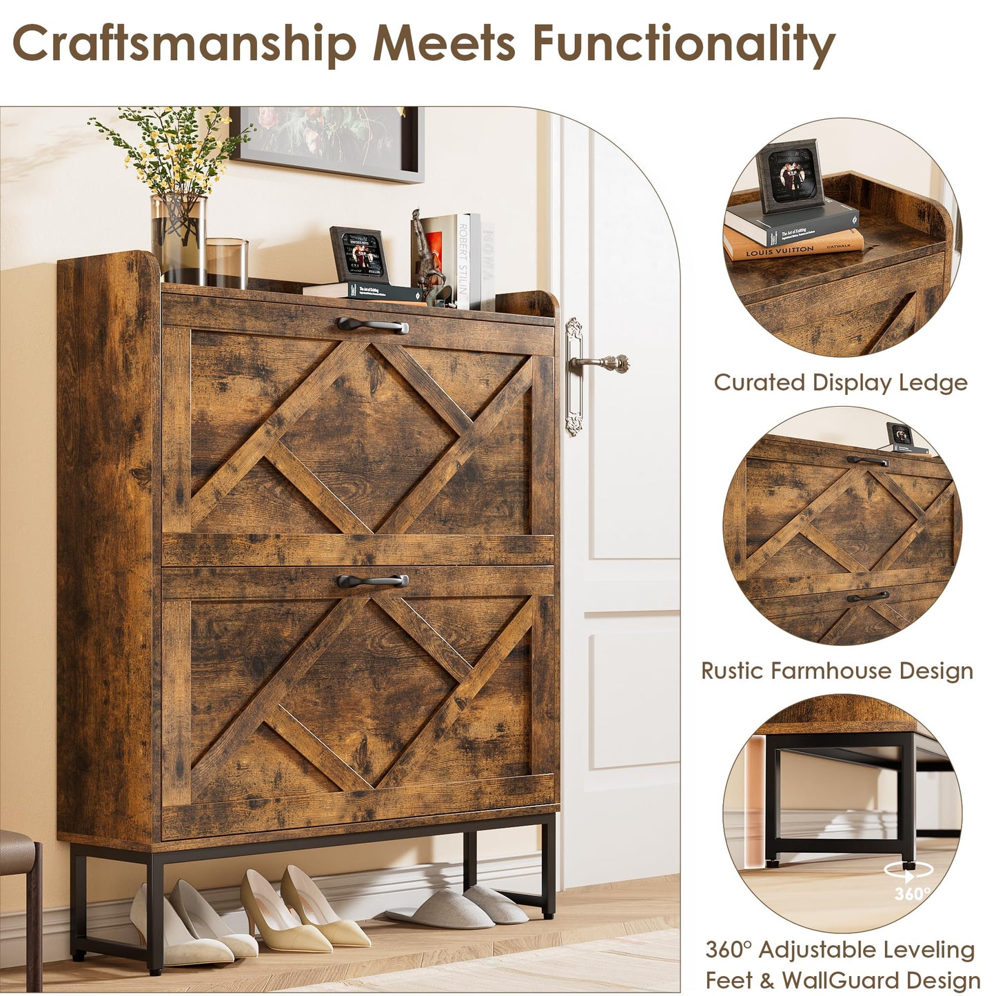 Shoe Cabinet with 2 Flip Drawers and Metal Legs – Narrow Rustic Brown