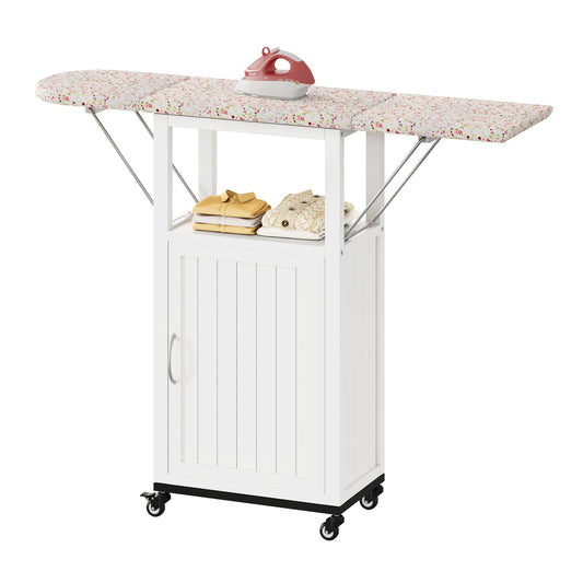 Mobile Folding Ironing Board Cabinet with Wheels – White