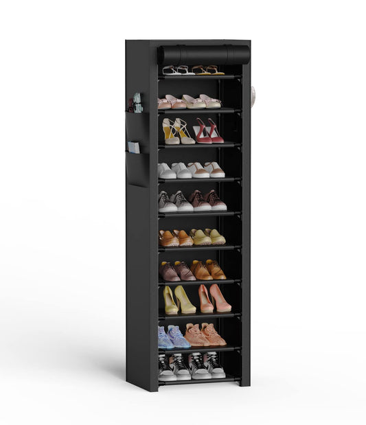 10-Tier Vertical Shoe Rack with Dust-Proof Cover – Space-Saving Freestanding Organizer, Black