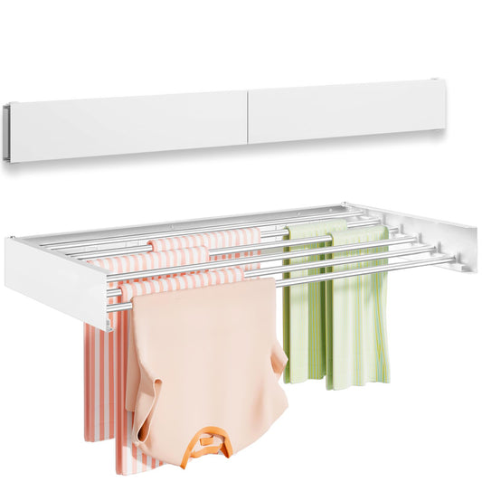 White Foldable Wall-Mounted Clothes Drying Rack – 40” with 6 Rods