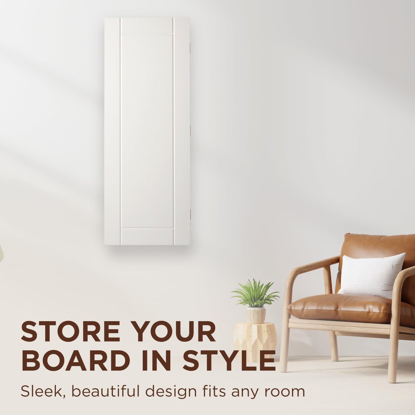 Wall-Mounted Foldable Ironing Board Cabinet with Hooks – White