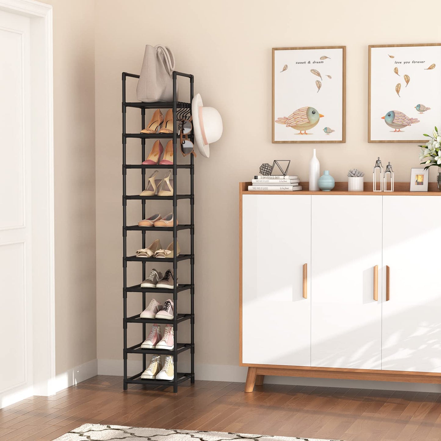 Tall Narrow 10-Tier Metal Shoe Rack – Space-Saving Entryway Organizer