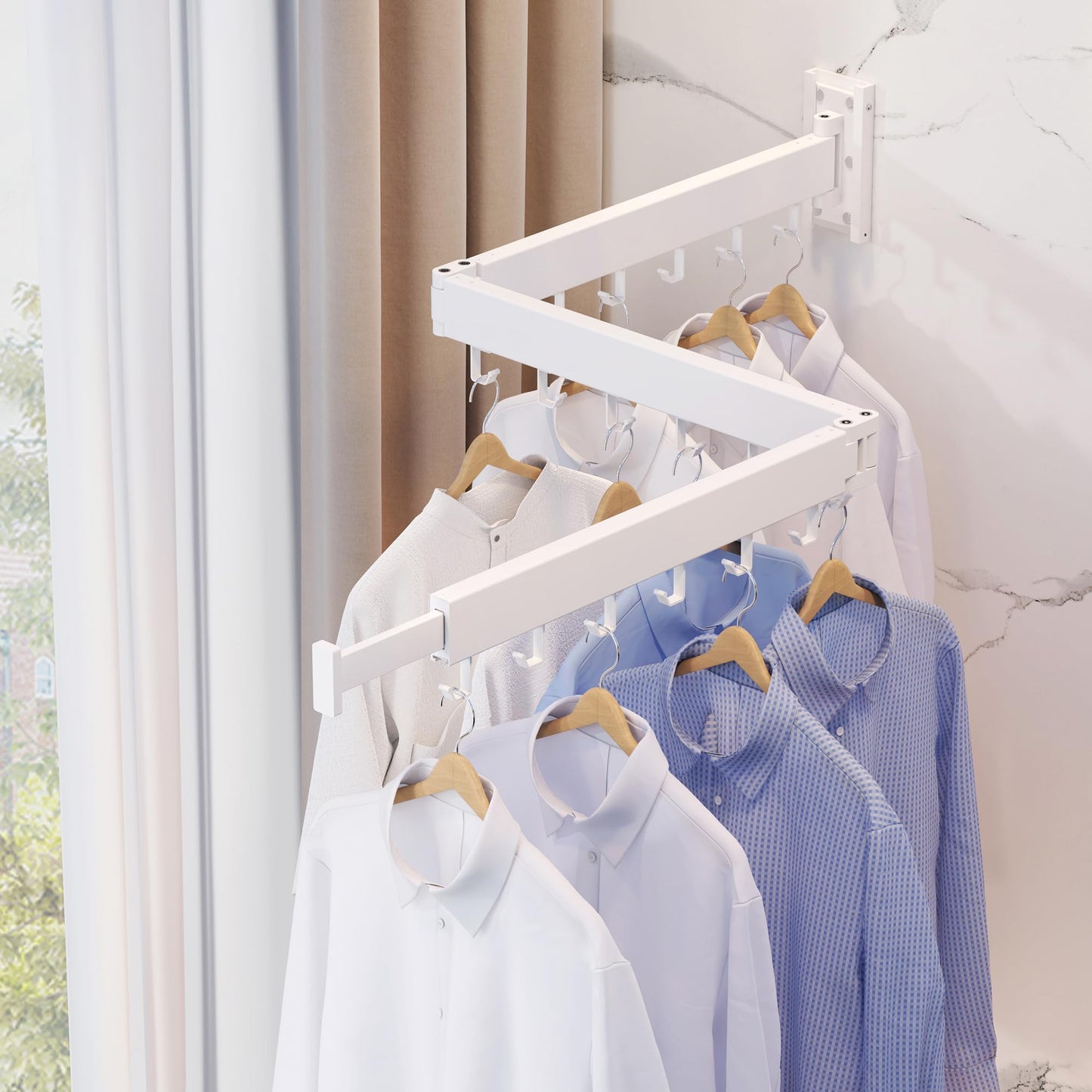 White Wall-Mounted Tri-Fold Retractable Clothes Drying Rack – Space-Saving
