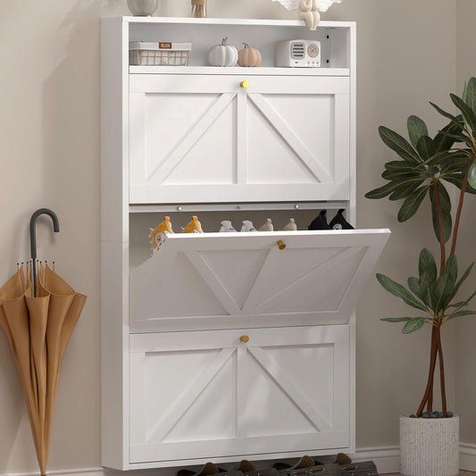 Narrow Entryway Shoe Cabinet – White 3-Drawer Flip Storage Organizer