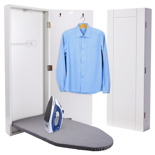 Wall-Mounted Foldable Ironing Board Cabinet with Hooks – White