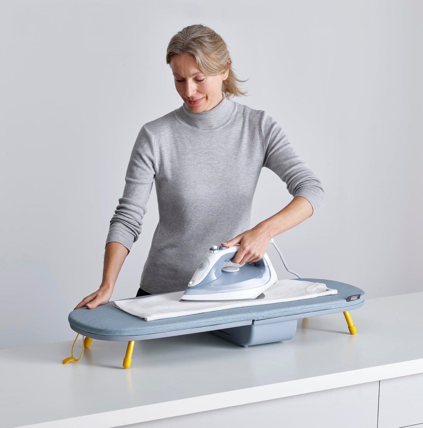Compact Folding Tabletop Ironing Board with Iron Holder & Wall Mount – Grey/Yellow