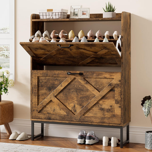 Shoe Cabinet with 2 Flip Drawers and Metal Legs – Narrow Rustic Brown