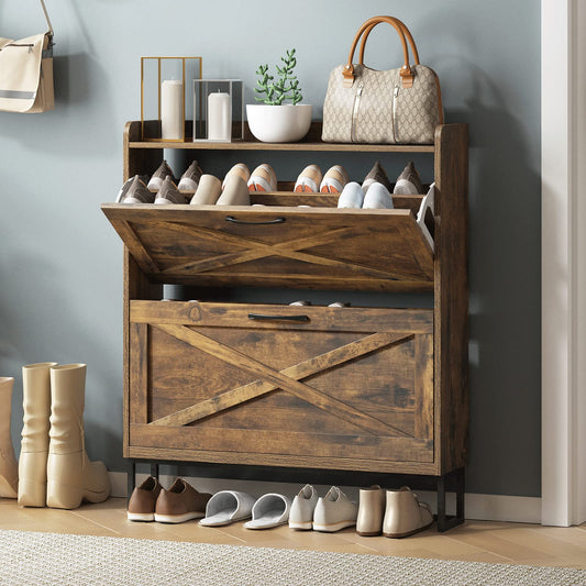Rustic Brown Shoe Storage Cabinet with 2 Flip Drawers and Metal Legs – Freestanding Organizer
