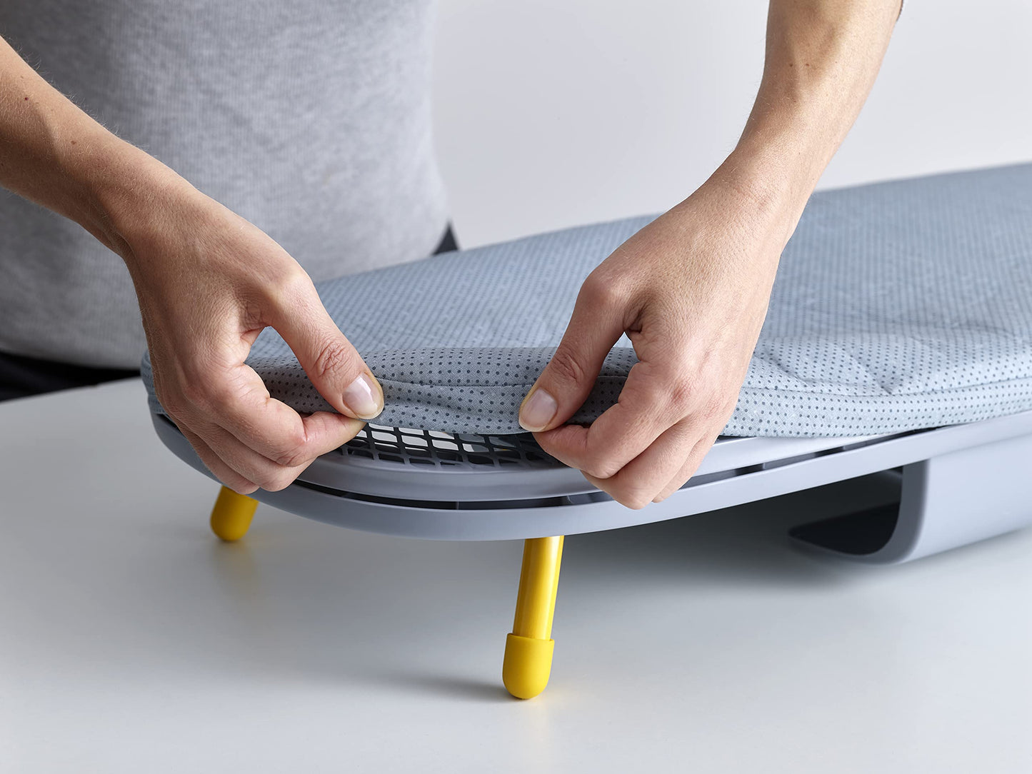 Compact Folding Tabletop Ironing Board with Iron Holder & Wall Mount – Grey/Yellow