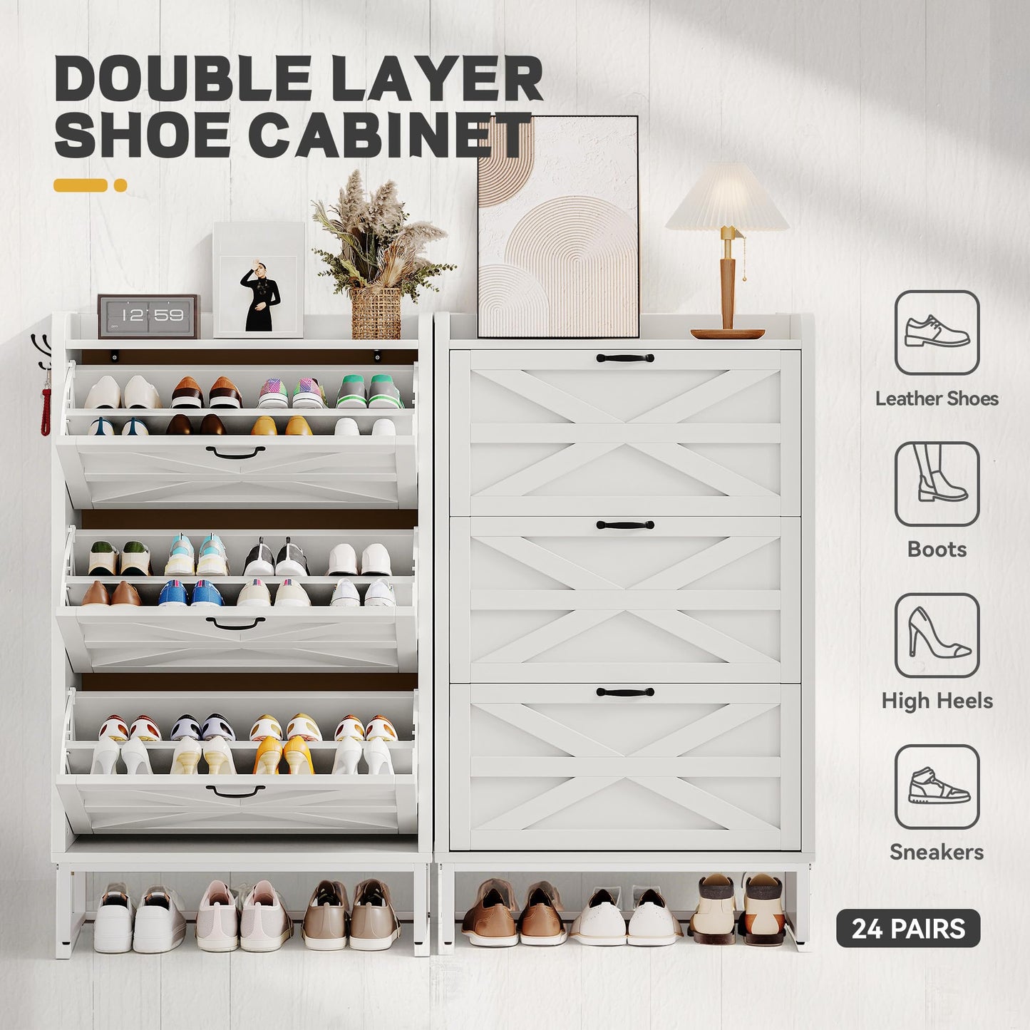 Slim White Shoe Cabinet with 3 Flip Drawers – Space-Saving Organizer for Up to 24 Pairs